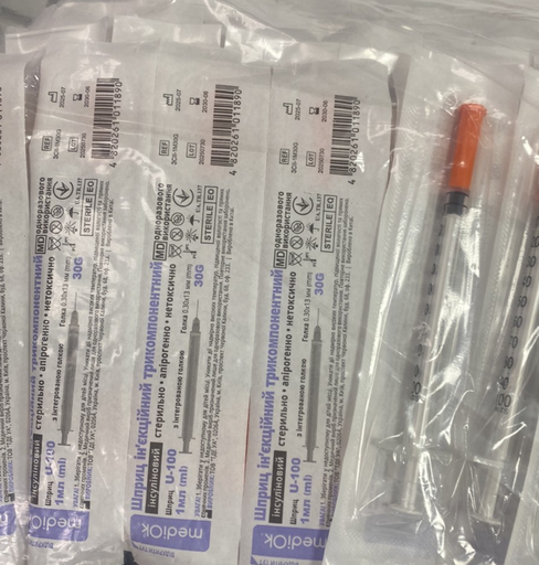 Шприц інсуліновий МедіОк 1 мл U-100, з інтегрованою голкою 30G 0.30x13мм (упаковка 180 шт)